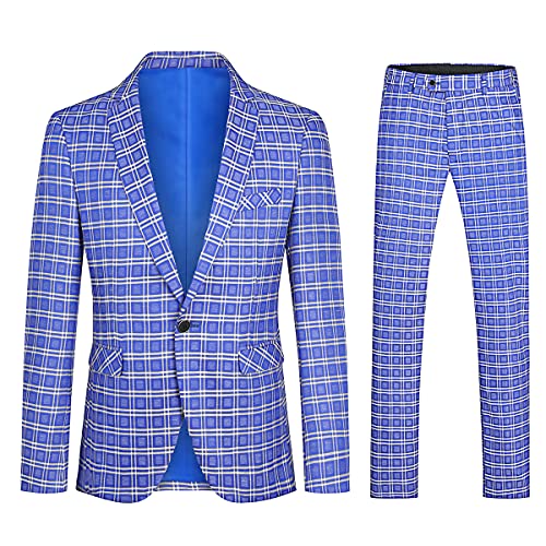 Boyland Mens Plaid 2 Pieces Suit Casual Notched Lapel Single Breasted One Button Blazer Tuxedo Sport Coat Trousers Light Blue #TOP30