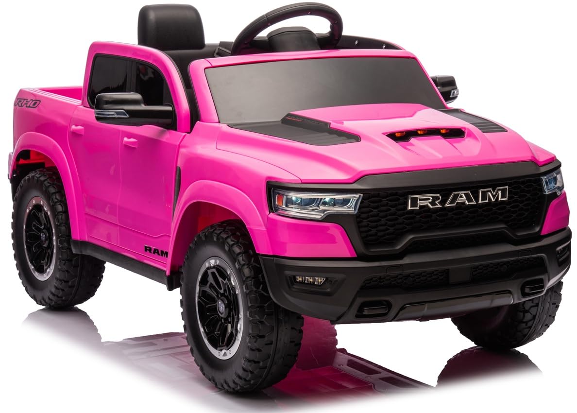 Playhouse Dodge RAM 1500, 2 Motoren - 90W, Bluetooth, Schlüssel, 4 Stoßdämpfer, Eva Räder, 12V 9ah, Fernbedienung, Kinderauto Kinderfahrzeug Kinder Elektroauto (Rosa)