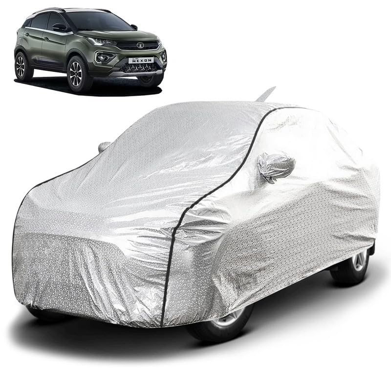 FABTEC Waterproof Car Body Cover for Tata nexon (2020-2023) with Mirror and Antenna Pocket, Soft Cotton Lining, Triple Stitched (Heat Resistant Metallic Silver with Black Piping)