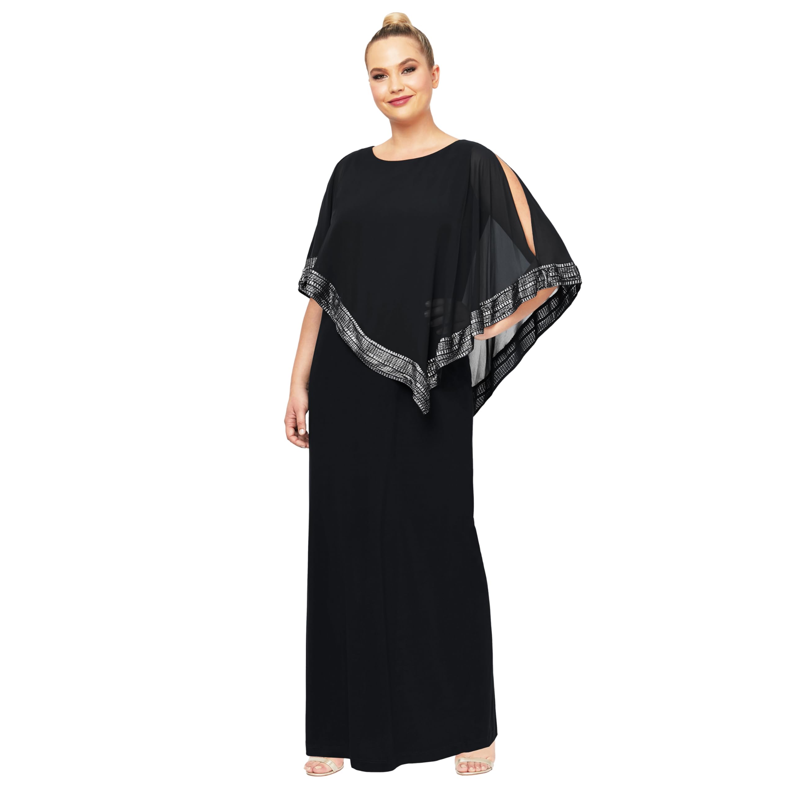 S.L. Fashions Women's Plus Size Long Cold Shoulder Capelet Dress with Metallic Trim