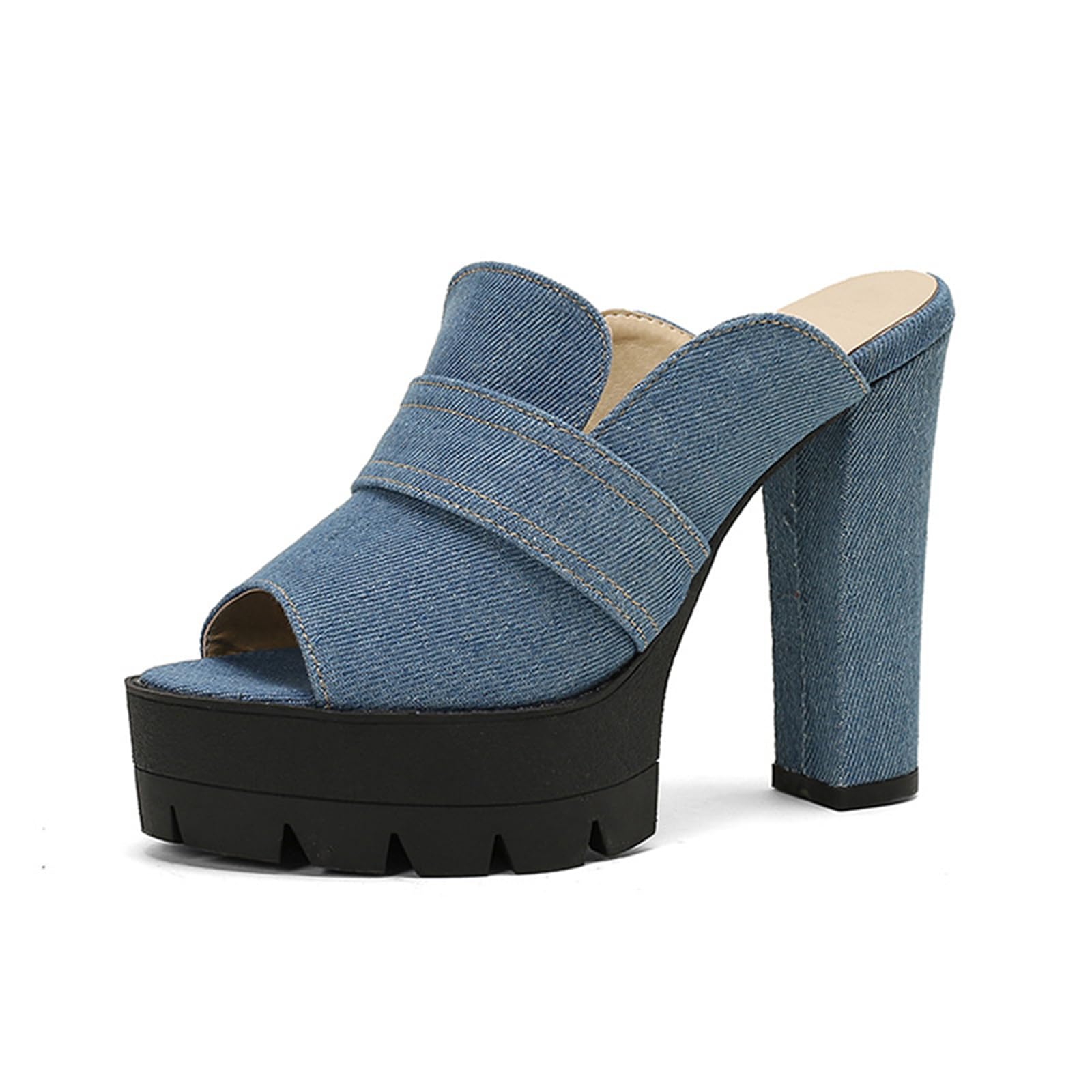Mule Platform in Denim, Tacco a Blocco Spesso con Punta Aperta