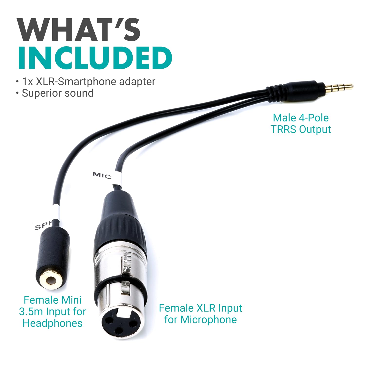 Movo TCB2 adattatore XLR (Femmina) microfono a TRRS (Maschio) Smartphone con jack cuffie per iPhone & Android