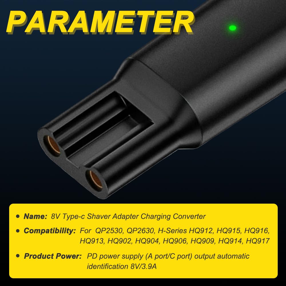 8V Type-C Adapter do ładowarki do golarki do Philips 7000 5000 serii 3000 OneBlade QP2530 Q2630 HQ850, konwerter ładowarki USB-C z lampką LED (2 szt., czarny)