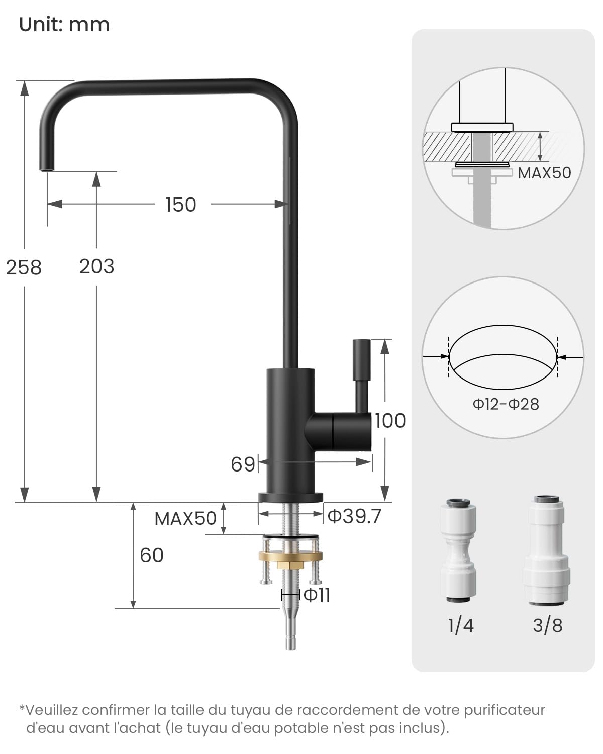Robinet Cuisine Pour L'eau Potable et L'osmose Inverse, Forme de L | Robinet pour Le Système De Filtrage D'eau, Robinet D'Évier En Acier Inoxydable 304, Sans Plomb, Pivotant 360°,Noir