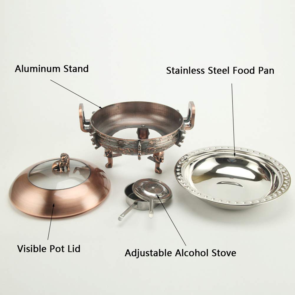 Chafing Dish de 3 L, Juego Completo de Calentadores Redondos de Acero Inoxidable con bandejas, Soporte de Aluminio, Tapa Visible y recipientes para Combustible para Bodas, bufés y