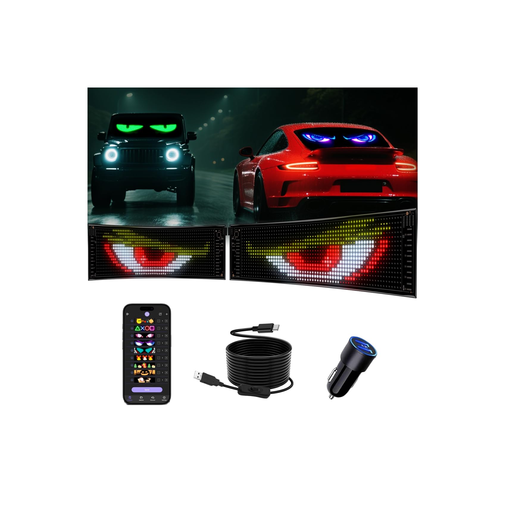 Devil Eyes Light Car Sign, 2PCS 15" X 4" Full Color LED Sign Screen for Windshield