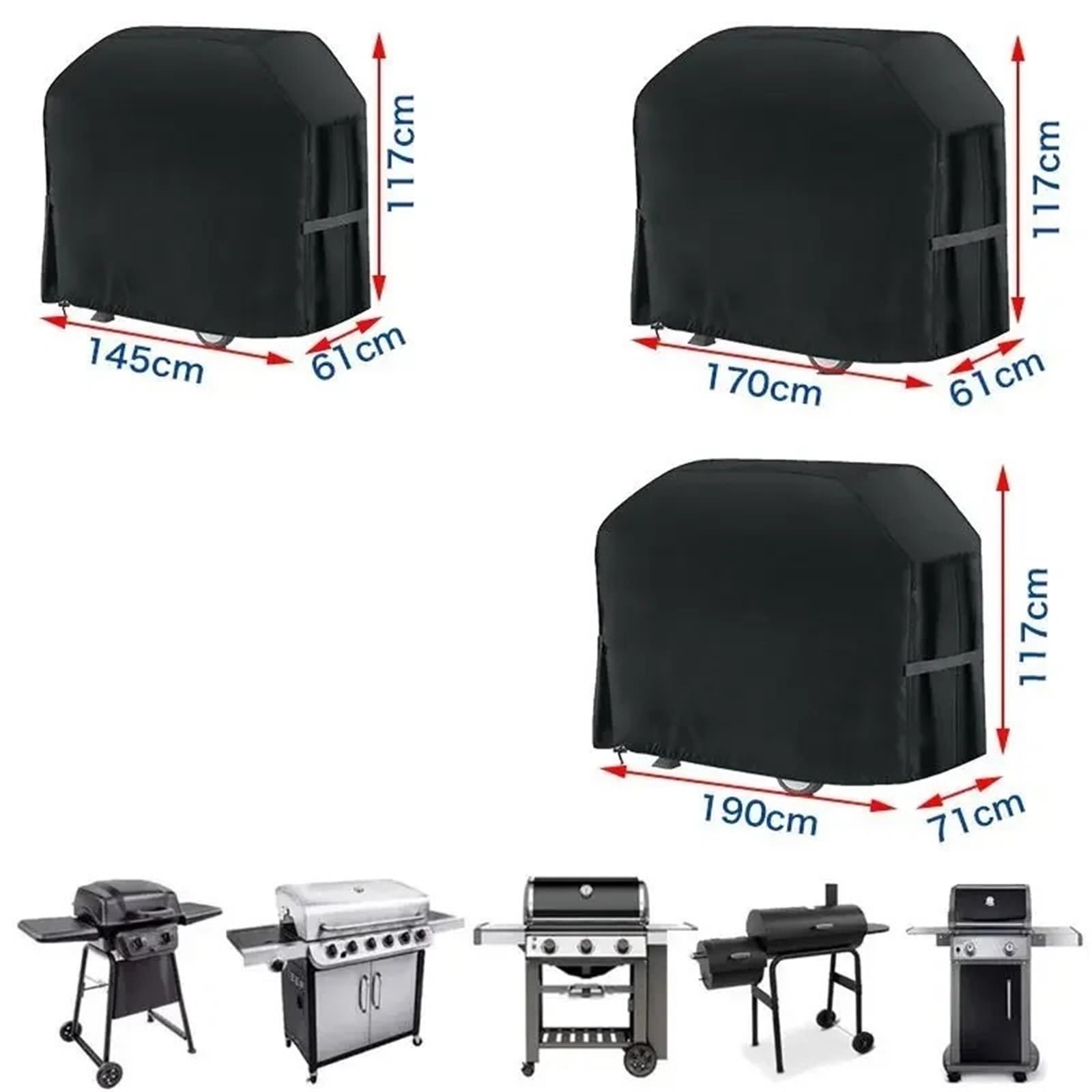 Copertura per Barbecue Resistente, Copertura for Barbecue Impermeabile e Resistente alle intemperie con Cinghie, Grigio e Nero, Diverse Misure(Grey,170x61x117cm)
