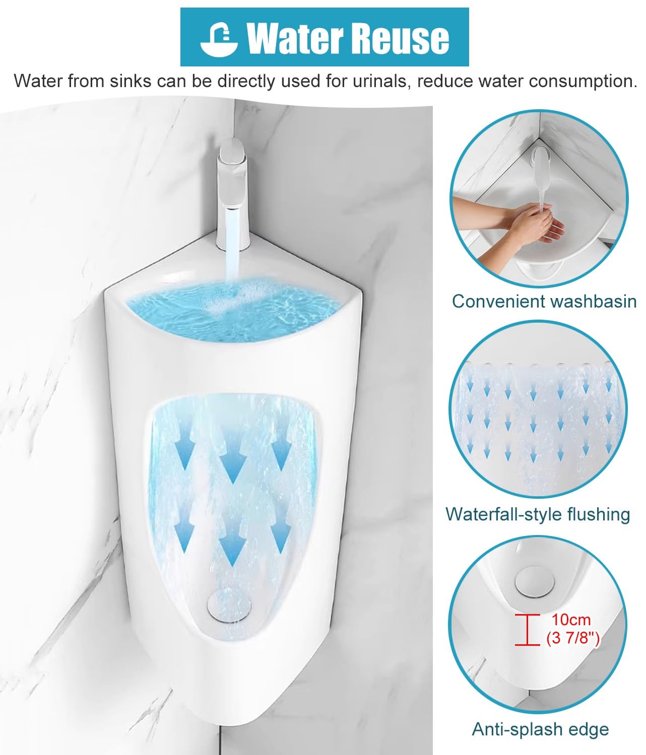 Orinal de esquina montado en la pared con lavabo y tubo, inodoro de cerámica para hombre, para baño, garaje, sótano, baño, fácil de limpiar (negro)