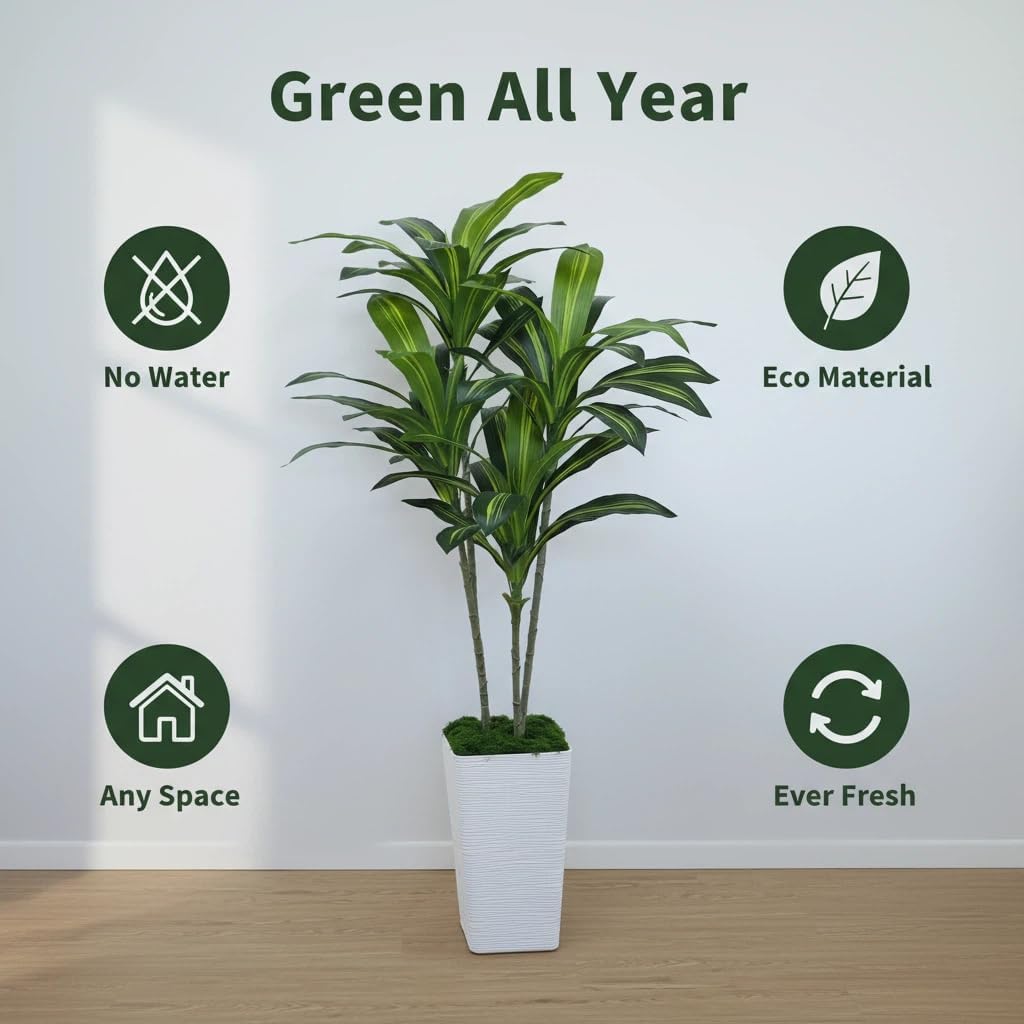 Artificial Dracaena Tree 5FT, Fake Tree with White Tall Planter - Faux Yucca Tall Fake Floor Plant in Pot - Artificial Plant for Home Office Living Room Decor Indoor