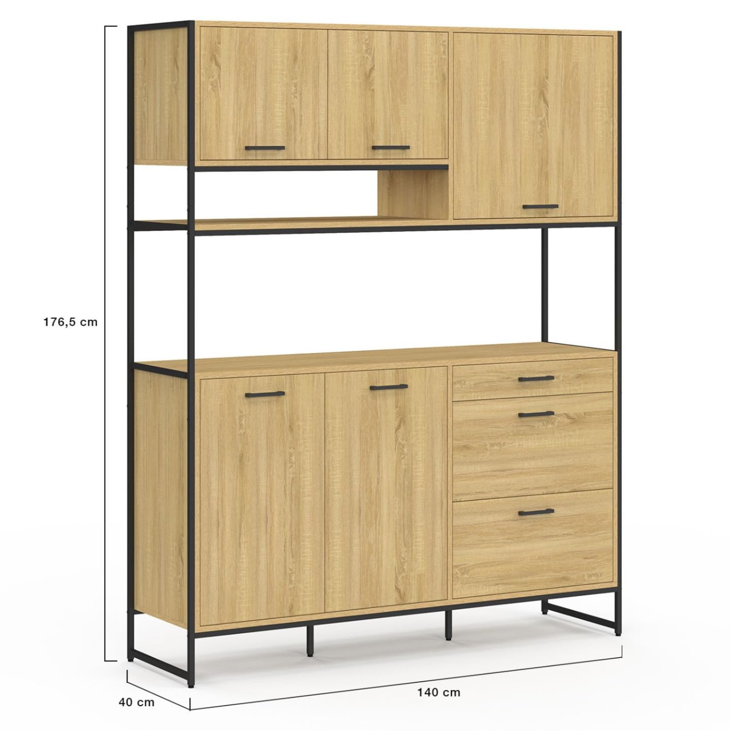 IDMarket - Küchenbuffet 140 cm Detroit 5 Türen + 3 Schubladen Industriedesign