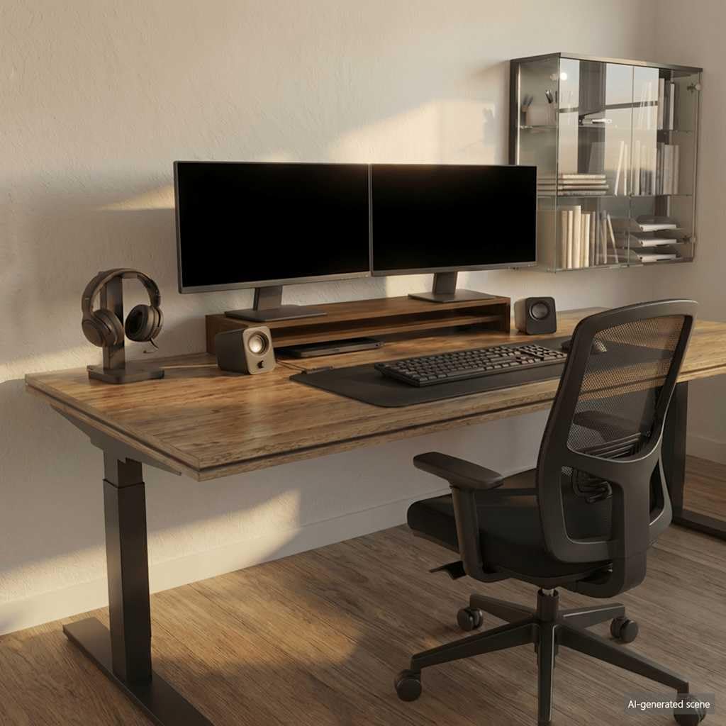 Supporto per monitor marrone effetto rovere, 100 x 24 x 13 cm, in legno con ripiano, regolabile in altezza, orientabile, per ufficio, gaming, soggiorno, doppio monitor, supporto VESA