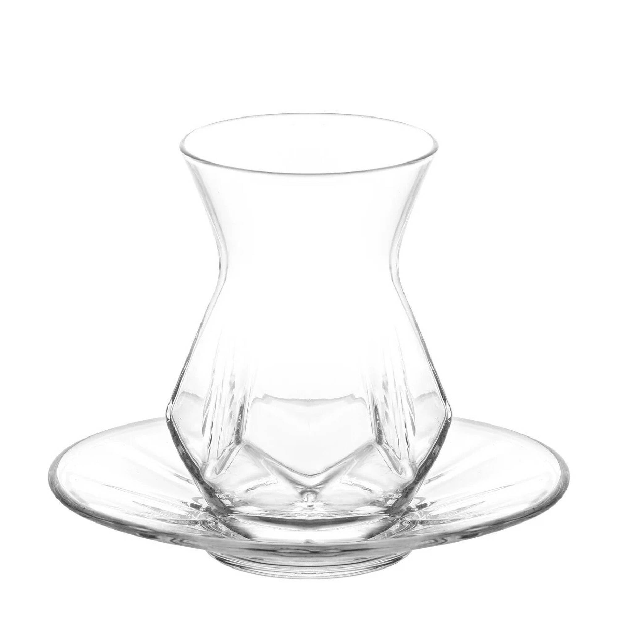 LAV Turkish Tea Set, Alya Tea Set, Turkish Teacups and Plates, Clear Glasses and Saucers, Special Design Turkish Tea Glasses with Coasters, 12 Pcs, 5.5 Oz (165 cc) (12 Pcs)