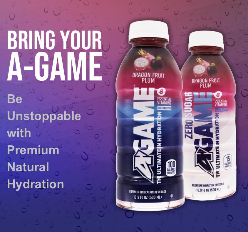 A-GAME Sports Drink, Dragon Fruit Plum, The Ultimate Hydration Sports Beverage for Athletes, 8 Essential Vitamins including B, C, & E plus Natural Sea Salt Electrolytes, All Natural Flavors & Sweeteners, Gluten Free, 16.9 Fl Oz (Pack of 12)