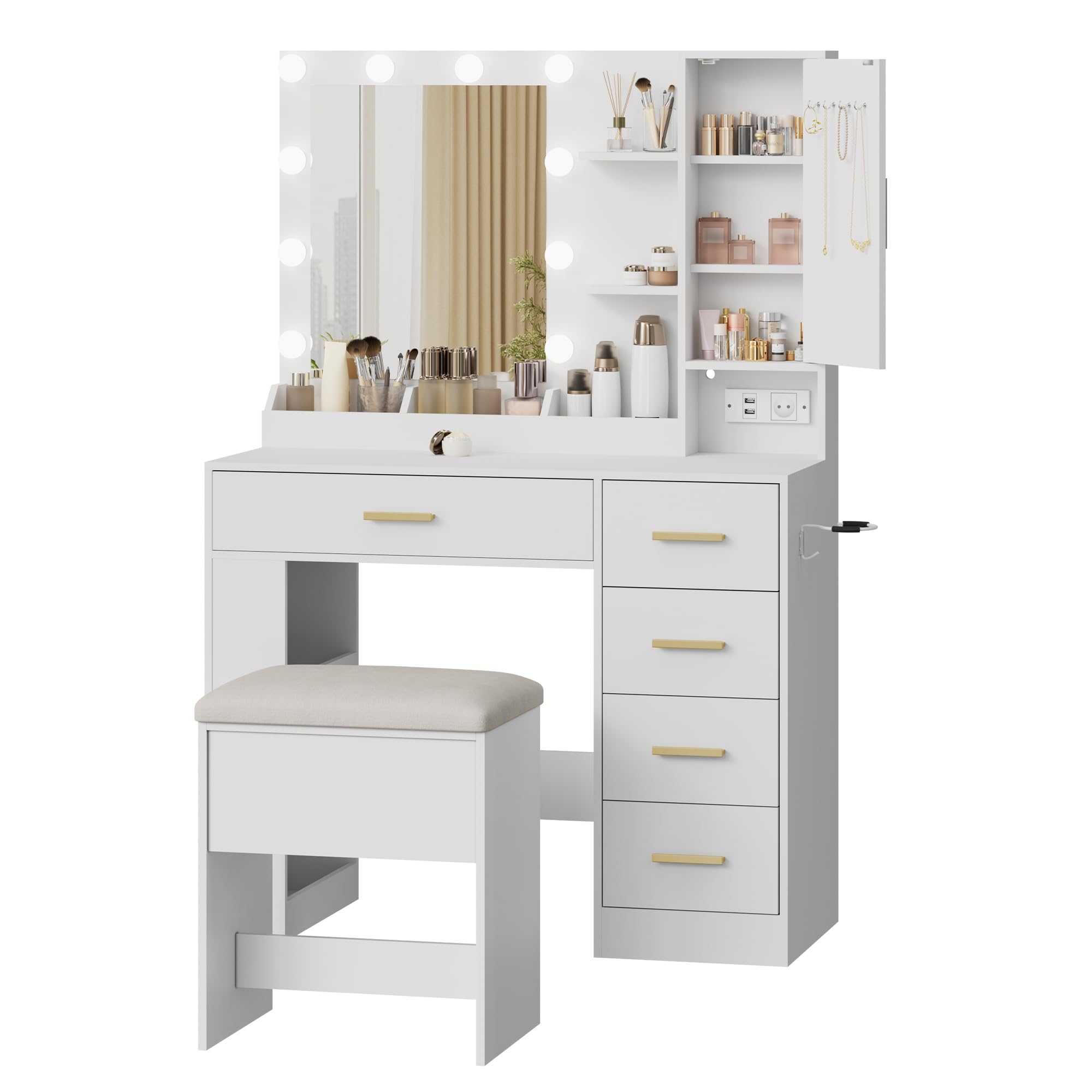 Toeletta con Specchio e Illuminazione, Tavolo da Trucco con Sgabello, Presa Elettrica e Porte USB, Toeletta con 5 Cassetti, Armadietto per Gioielli, Ripiani Aperti e Supporto per Asciugacapelli, Bianc