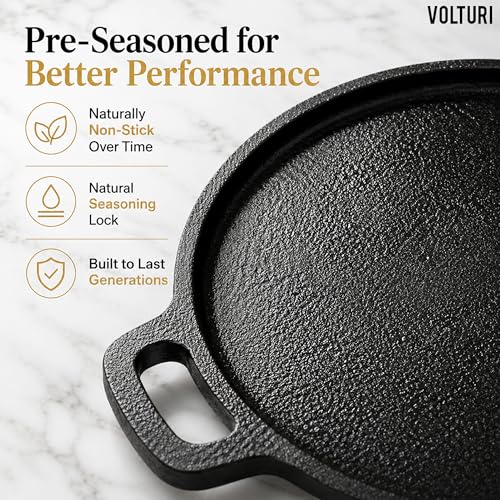 Image of VOLTURI Cast Iron Tawa for Roti and Dosa (30 CM), Dosa Tawa Naturally Non Stick Dosa Pan, Pre-Seasoned Tawa, Induction Friendly, Cast Iron, Cookware, No Chemical Coating 100% Pure & Toxin-Free