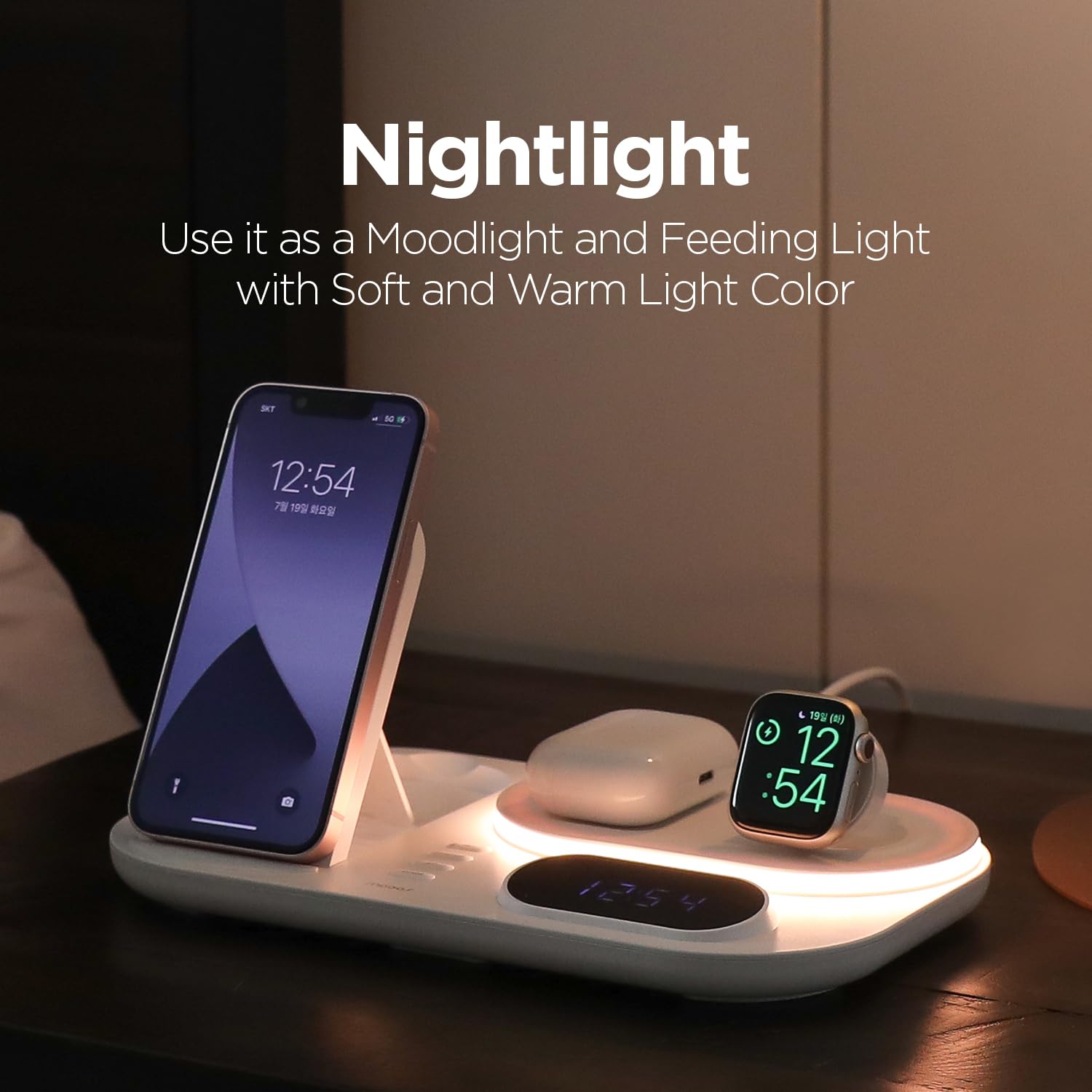 mooas Orologio 4 in 1 con ricarica wireless veloce, stazione di ricarica wireless con orologio LED, compatibile con iPhone 12, Galaxy S22, LG V50 e più recenti, Airpods, Galaxy Buds, Apple Watch