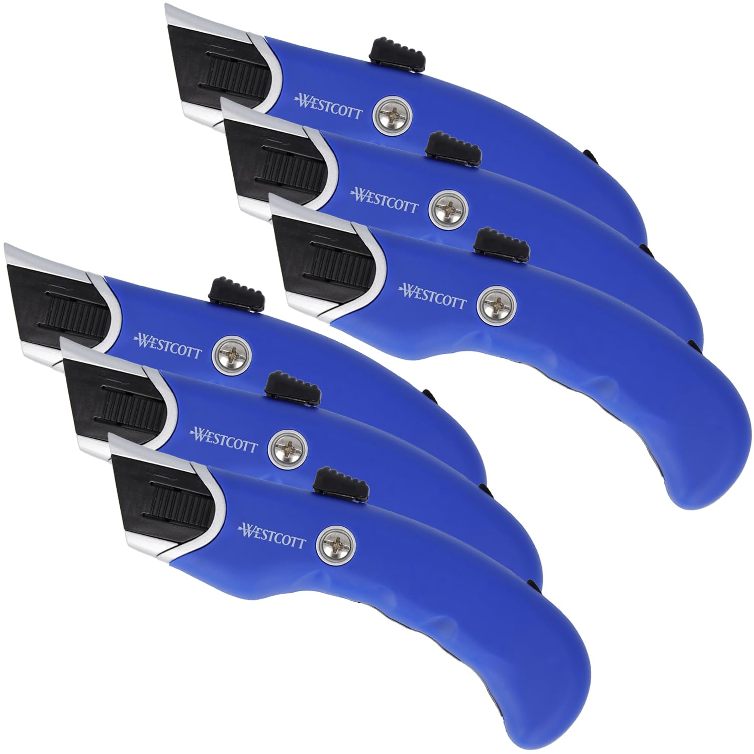 Westcott Blue Heavy-Duty Safety Cutter 6 Pcs | Utility Knife With 19Mm Trapezoid Blade | Includes 5 Replacement Blades | Spring-Back Blade For Maximum Safety | Ergonomic Handle | E-84048 00
