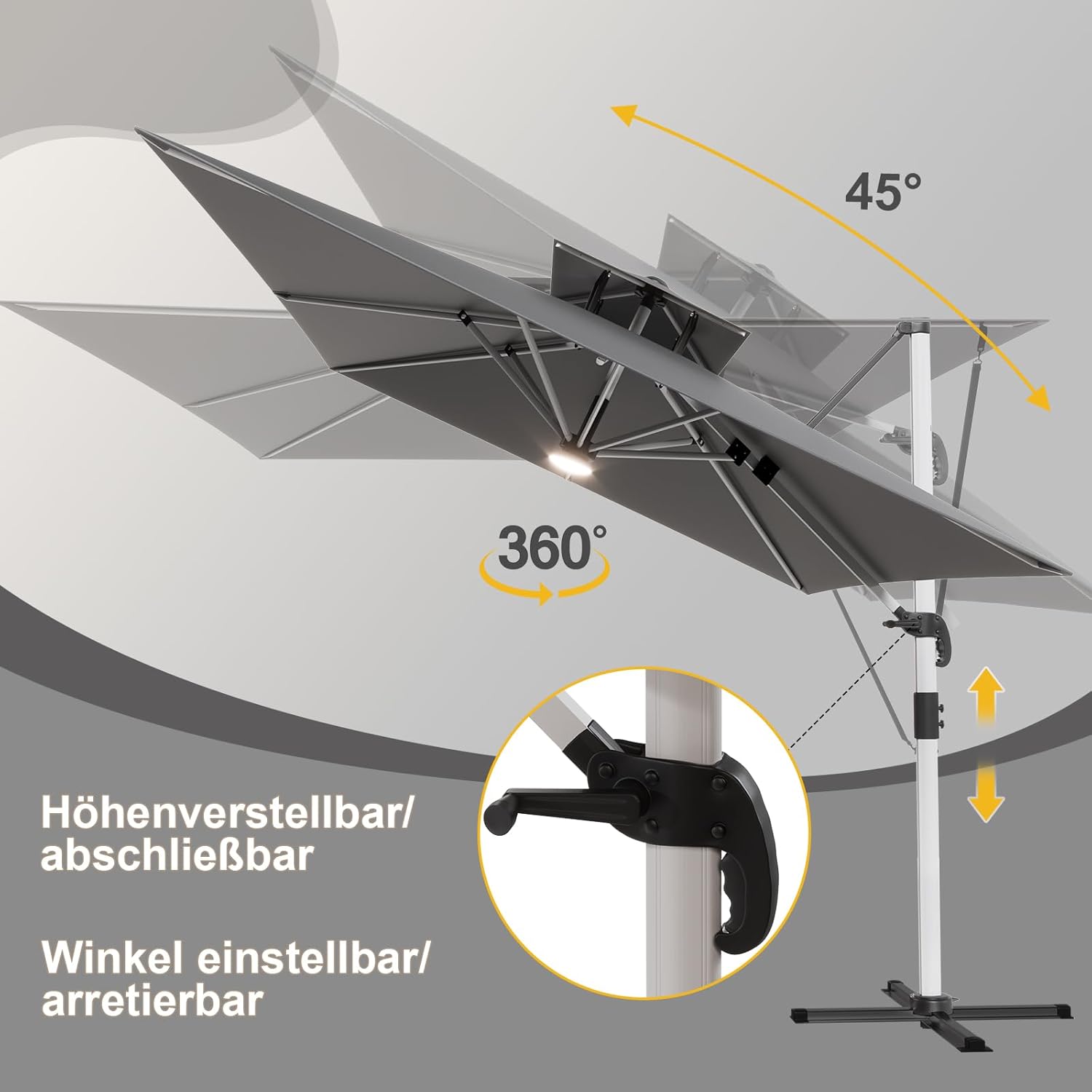 Diagram showing 45 degree tilt, 360 degree rotation, and height adjustment features of the umbrella
