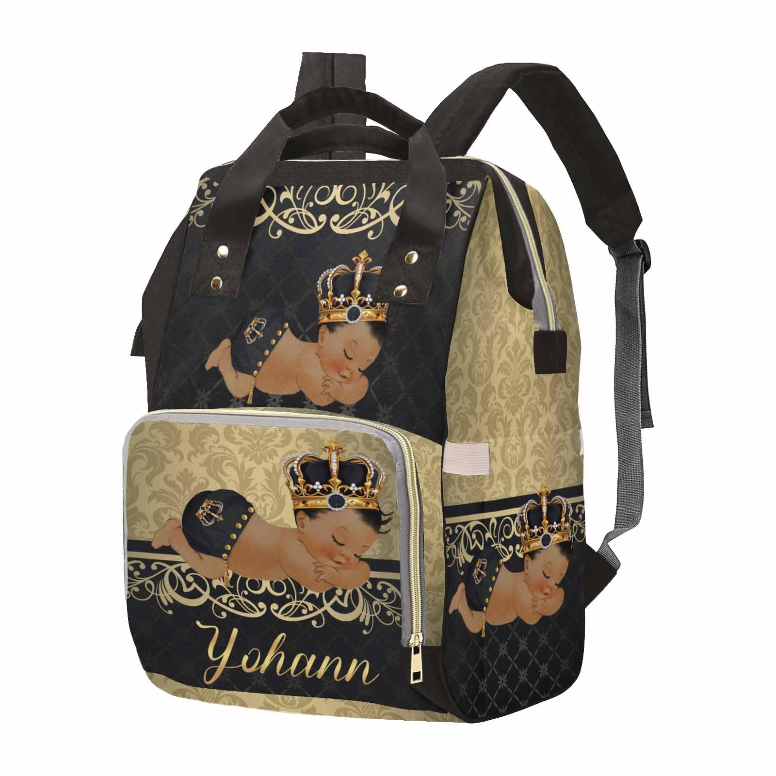 M YESCUSTOM Personalized Baby Diaper Backpack, Vintage Golden Black Crown Prince Diaper Bag with Name, Waterproof Mommy Nursing Nappy Bag - Large