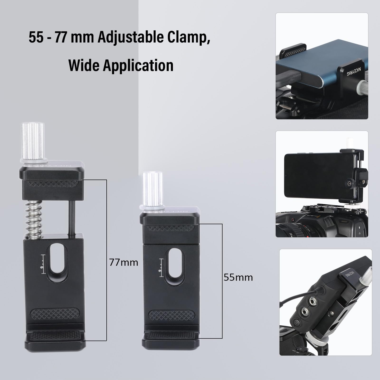 NICEYRIG T5 T7 SSD telefon Powerbank uchwyt zaciskowy z zimną stopką-477 | Uchwyt na telefon z gwintem 1/4, regulowany otwór 57–77 mm pasuje do kamery BMPCC 4K 6K Pro Z