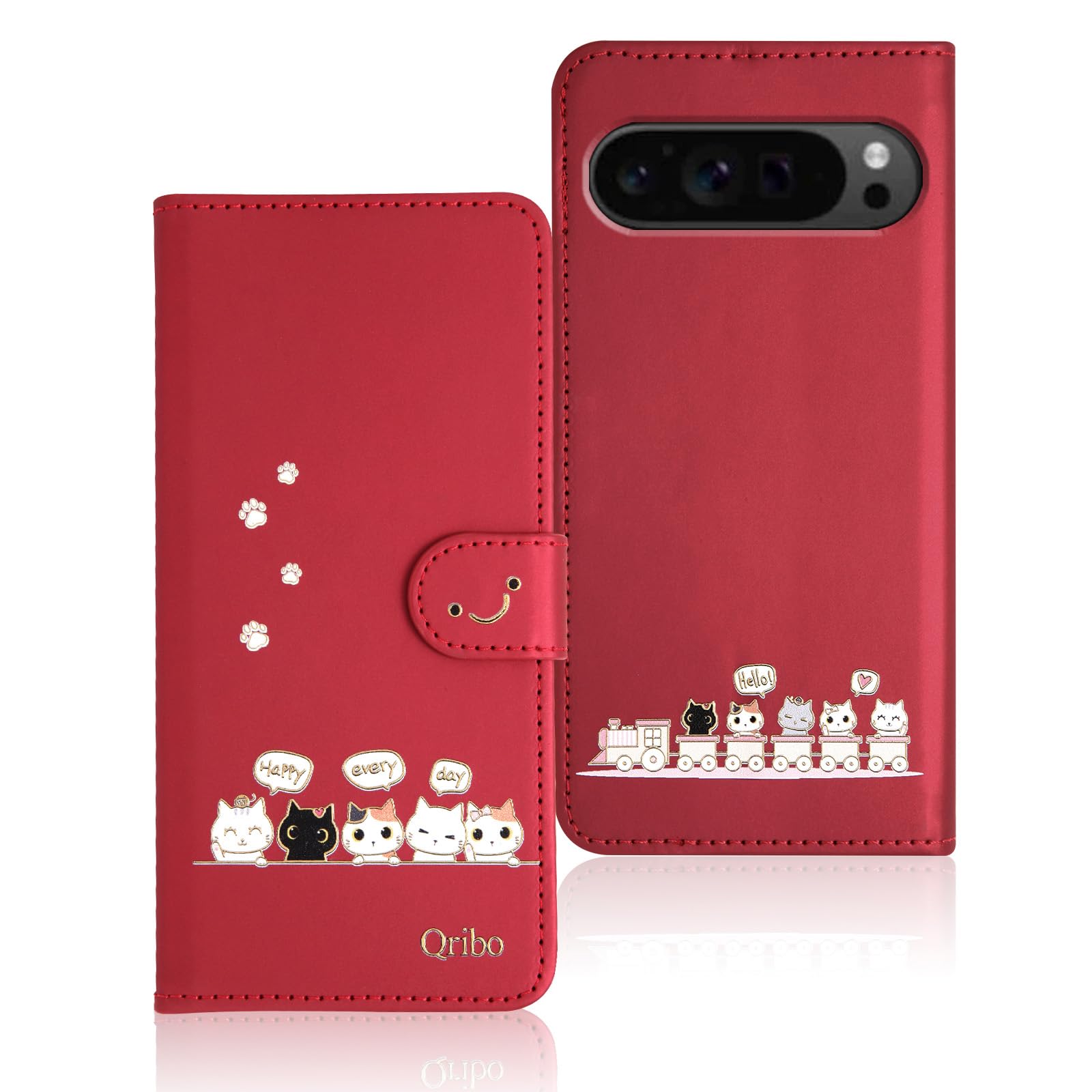 Qribo 適用の Google Pixel 10 ケース 手帳型 ぐーくるぴくせる10pro 手帳ケース シンプルなのに可愛いデザイン エンボス加工猫柄 うれしい気持ち 6.3インチ対応 グーグルピクセル9/9pro ケース ピクセル10 カバー Google Pixel 10 Pro スマホケース 薄型 防水 の耐久性 滑り防止 美しい 贈り物 友達 - レッド