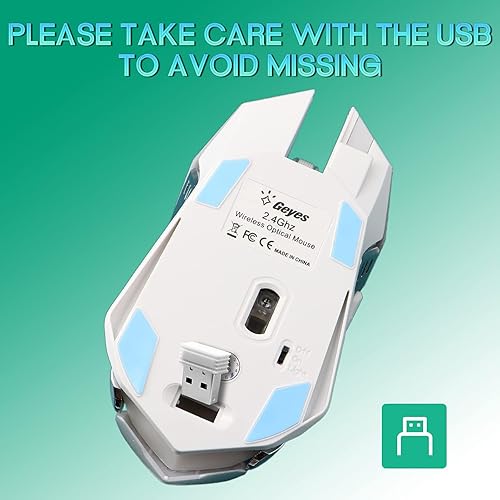 Miniatura 5 de VEGCOO Ratón inalámbrico blanco para juegos, mouse inalámbrico de clic silencioso con 3 niveles DPI, mouse de computadora recargable con luces LED