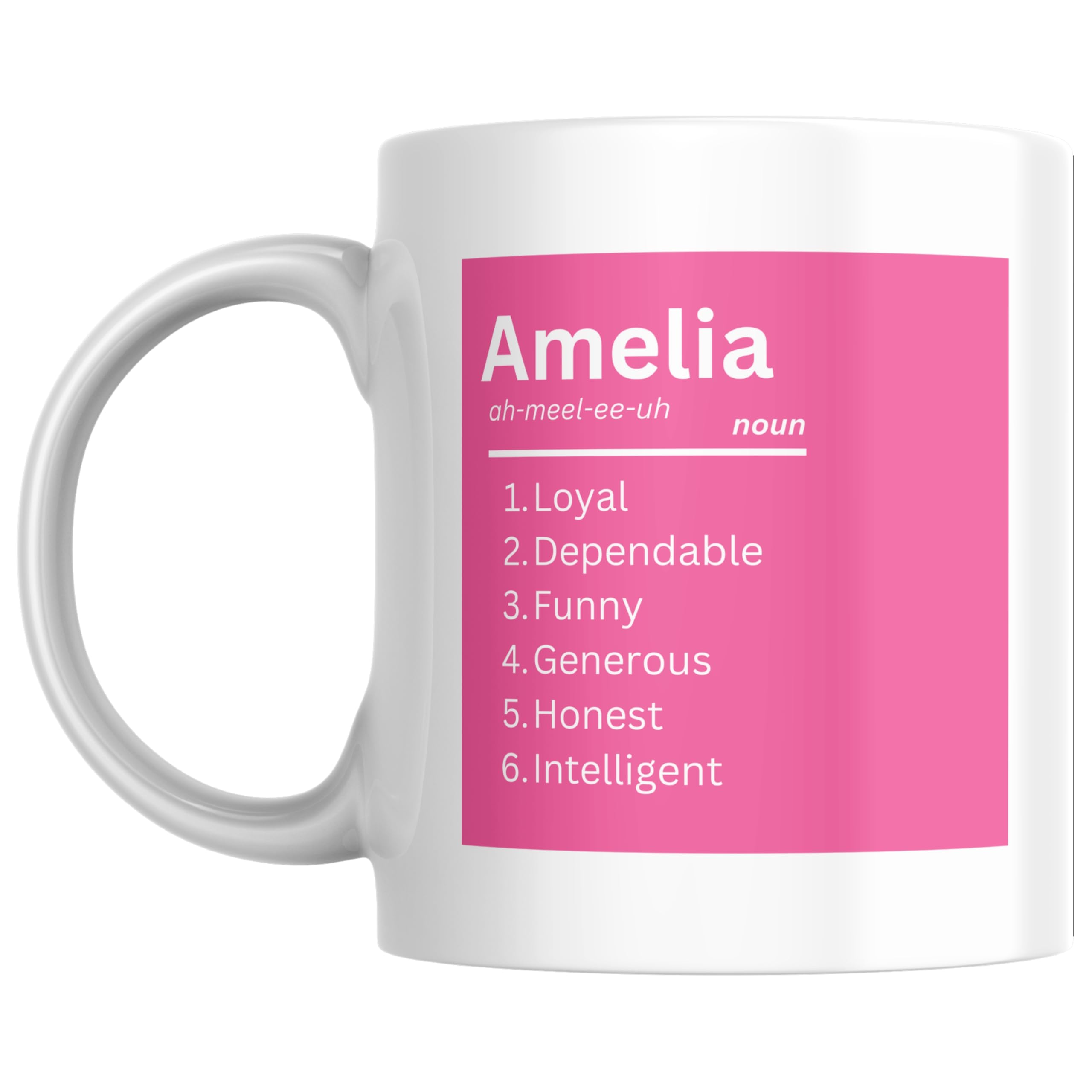 Designs of note! Amelia Definition Mug | Funny Personalised Name Meaning Coffee Cup for Her | Novelty Gift for Women or Girls Called Amelia (Pink)