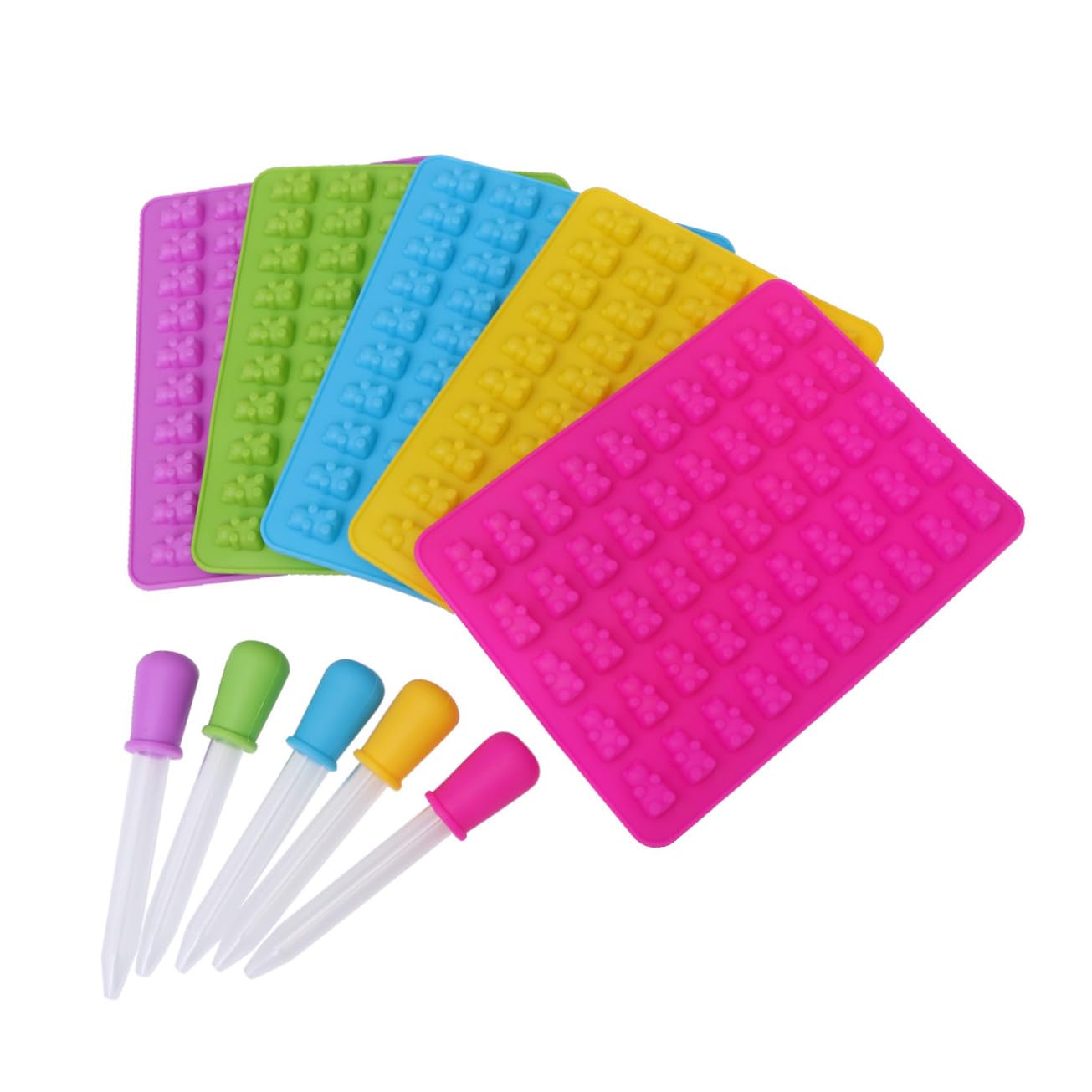 5sets Stampo Forma di Orso in Silicone con Contagocce per Preparare Caramelle Cioccolato Gommose e Dolcetti in Miniatura Facile da Usare e Pulire in Azzurro Verde Rosa e Giallo