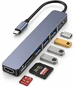 Hub USB-C 3.0 Extensor Adaptador 7 em 1 - HDMI 4K, USB 3.0, USB 2.0, USB-C PD 100W, Leitor de Cartão SD/TF Premium