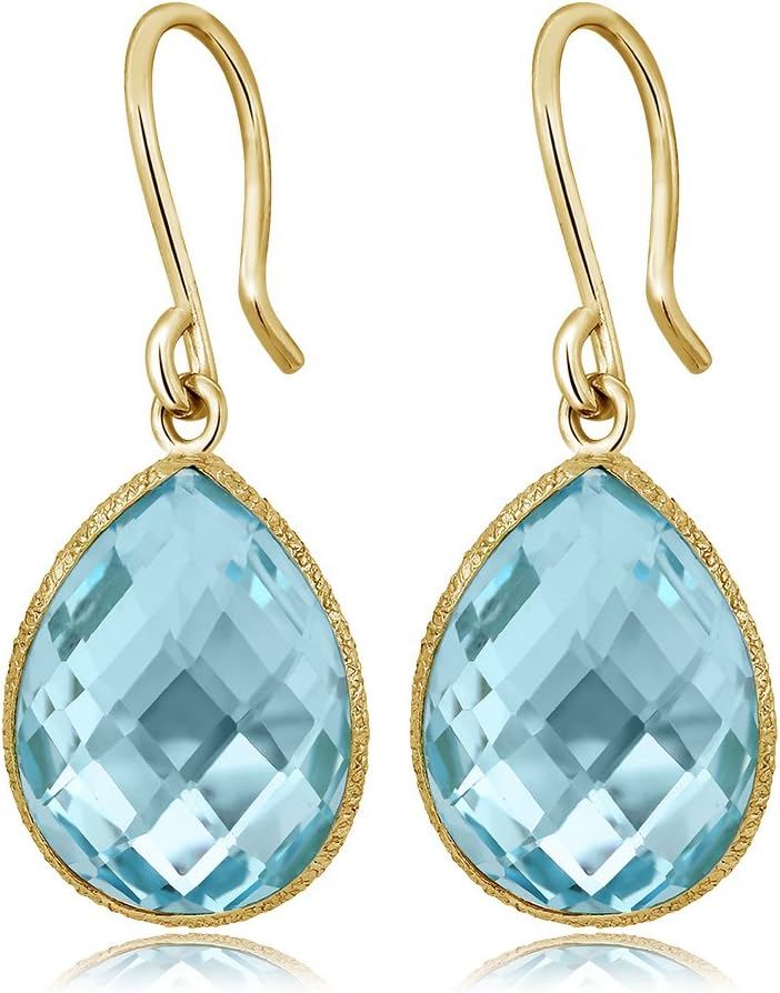 Gem Stone King 18.00 Ct Blue Topaz 16x12mm Pear Shape 18K Yellow Gold Plated Silver Dangle Earrings