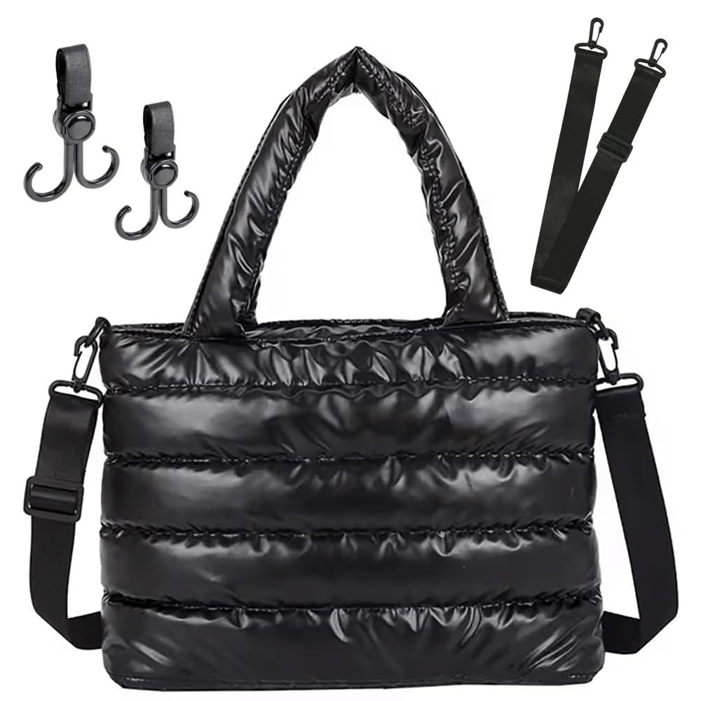 Kedaa Puffy Tote Bag, Black, 6.7 x 9 x 13.4 inches, Women's Hobo Handbag, 13.3L Capacity, Water Resistant, Lightweight, Adjustable Strap, Bag Hooks