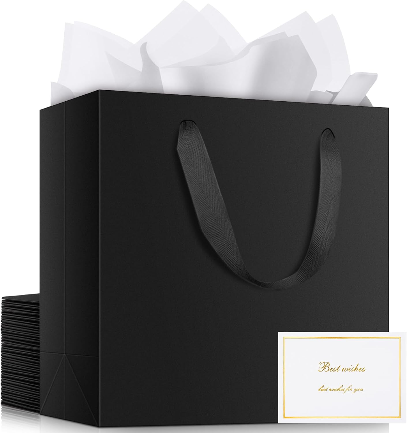 EUSOAR Gift Bag Black, 12pcs 12.5"x4.5"x11" Large Gift Wrap Shopping Thank You Bags with Handles 25pcs 20"x30" Black Tissue Paper and 12pcs White/Gold Blank Greeting Cards for Wedding Party Boutique