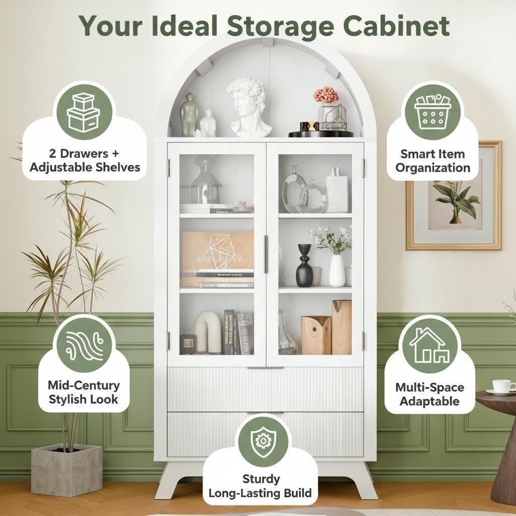 73'' Arched Cabinet with Glass Doors, Tall Farmhouse Cabinet Mid Century Modern with Display Storage Shelves, Rounded Top Bookcase for Living Room Dining Room Kitchen Bedroom, White