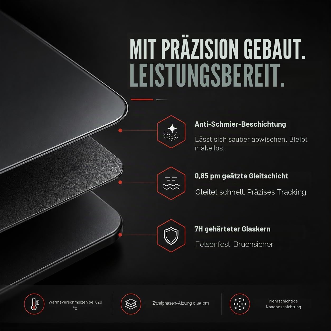 Flash Beyond Glass Gaming-Mauspad – Premium-Glas-Pad mit Rutschfester Gummiunterseite – Glatte, präzise Tracking, langlebige Oberfläche für High-Speed-Gaming, ideal für FPS-Spieler (Schwarz, Mitte 40