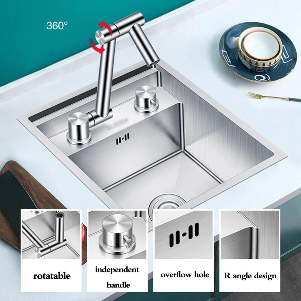 Lavello da cucina a scomparsa salvaspazio al bar in acciaio inox sifone lavello RV invisibile lavello con coperchio, mini lavabo, color argento, 45 x 32 x 23 cm,