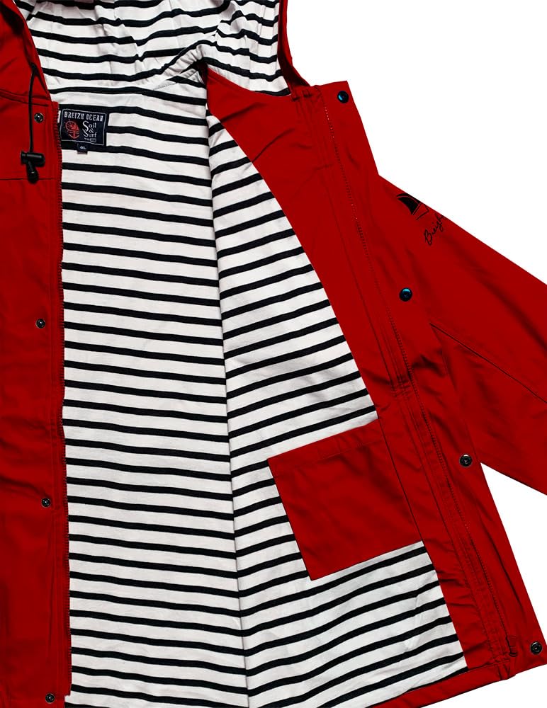 Breizh Ocean - Ciré Imperméable, du XS au 4XL, Création Française ARMOR - Intérieur Marinière Rayé - Mixte - Coupe Vent Homme ou Femme - Veste Imperméable - Manteau Homme