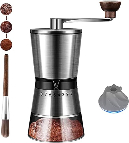Molinillo manual de granos de café, molinillo de café manual, molinillo de café manual de rebabas de cerámica cónica de 8 escalas con granos de