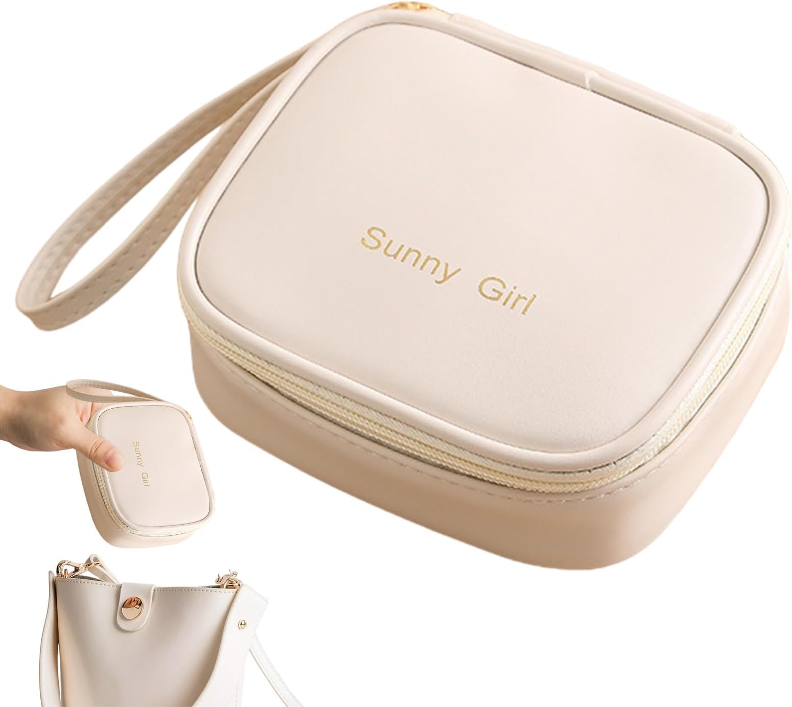 Small Makeup Bag For Handbag, Mini Square Make Up Bag For Purse, Cute Preppy Make Up Pouch With Zipper, Tiny Leather Make Up Organizer Case For Backpack, Waterproof Travel Toiletry Bags (Beige)