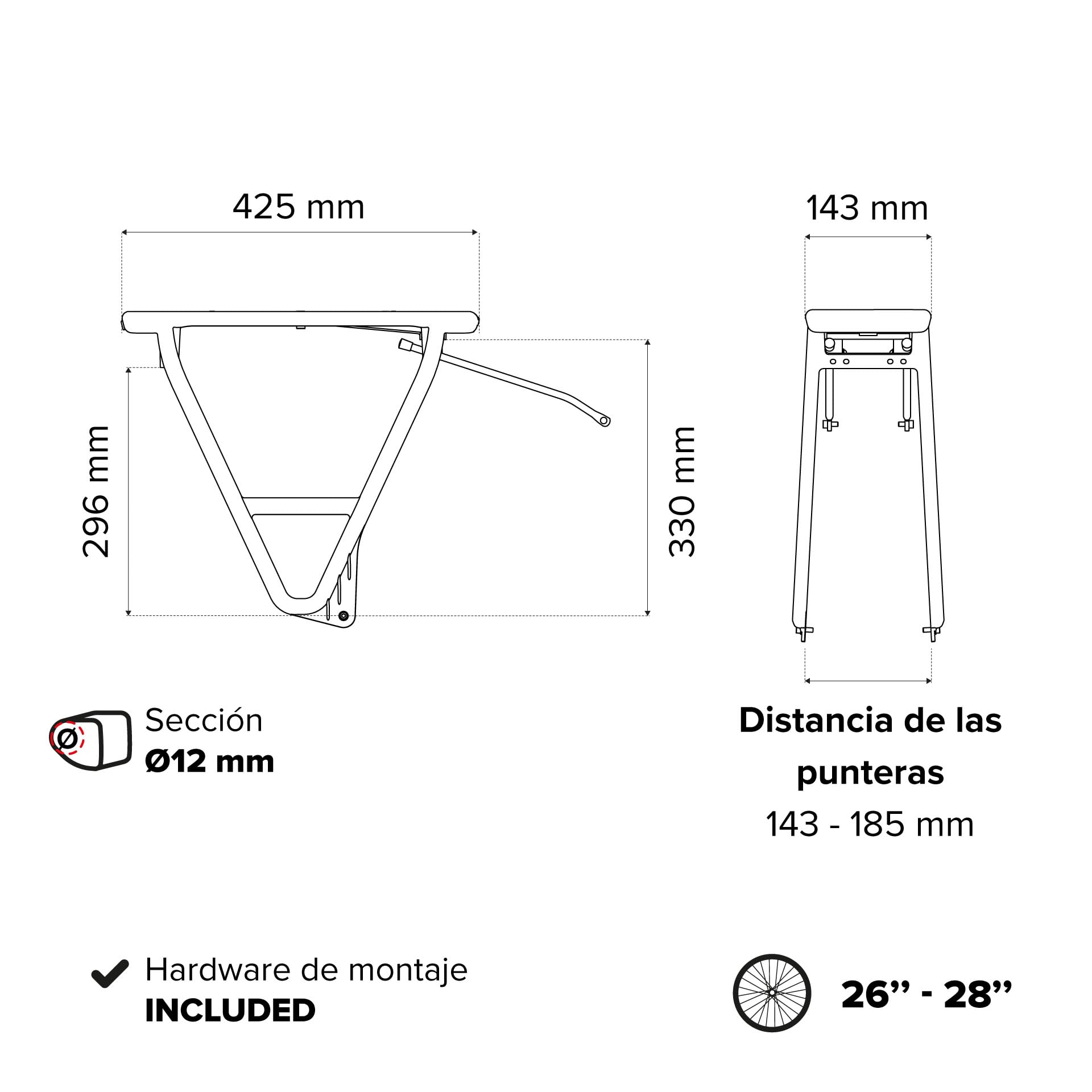 POLISPORT 8873000004 Portabicicletas Trasero HRP – Duradero, Ligero, Montaje Estándar, Compatible con Alforjas, Negro – Soporta hasta 27 kg, Desplazamientos Y Carga