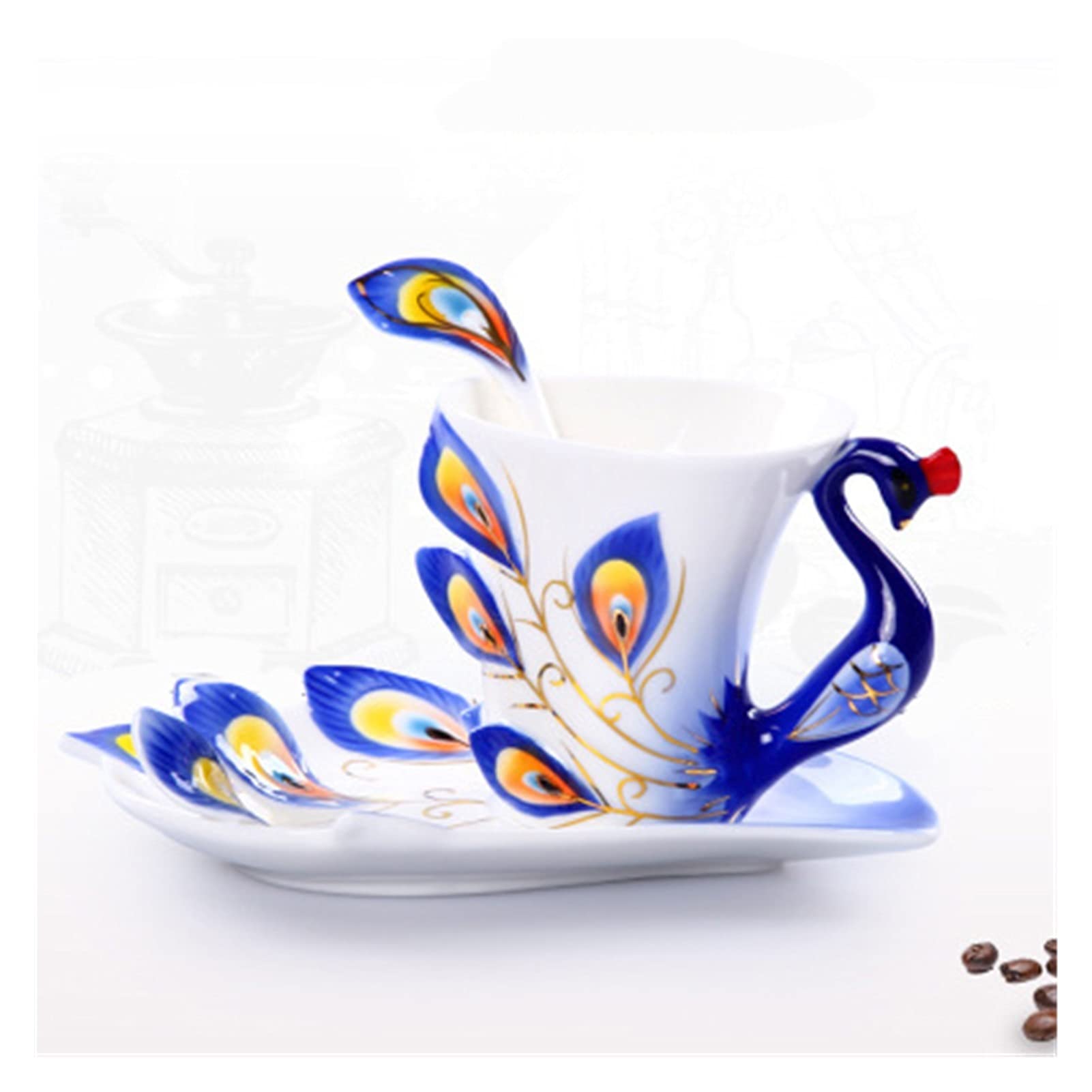 Kaffeetasse Kreative 3d handgefertigte Porzellan Email Peacock Kaffeetasse Set mit Untertasse und Löffel Keramik Tee Wasser Tasse Neuheit Geschenke (230ml) Teetasse ( Color : Blauw , Size : 230ml )