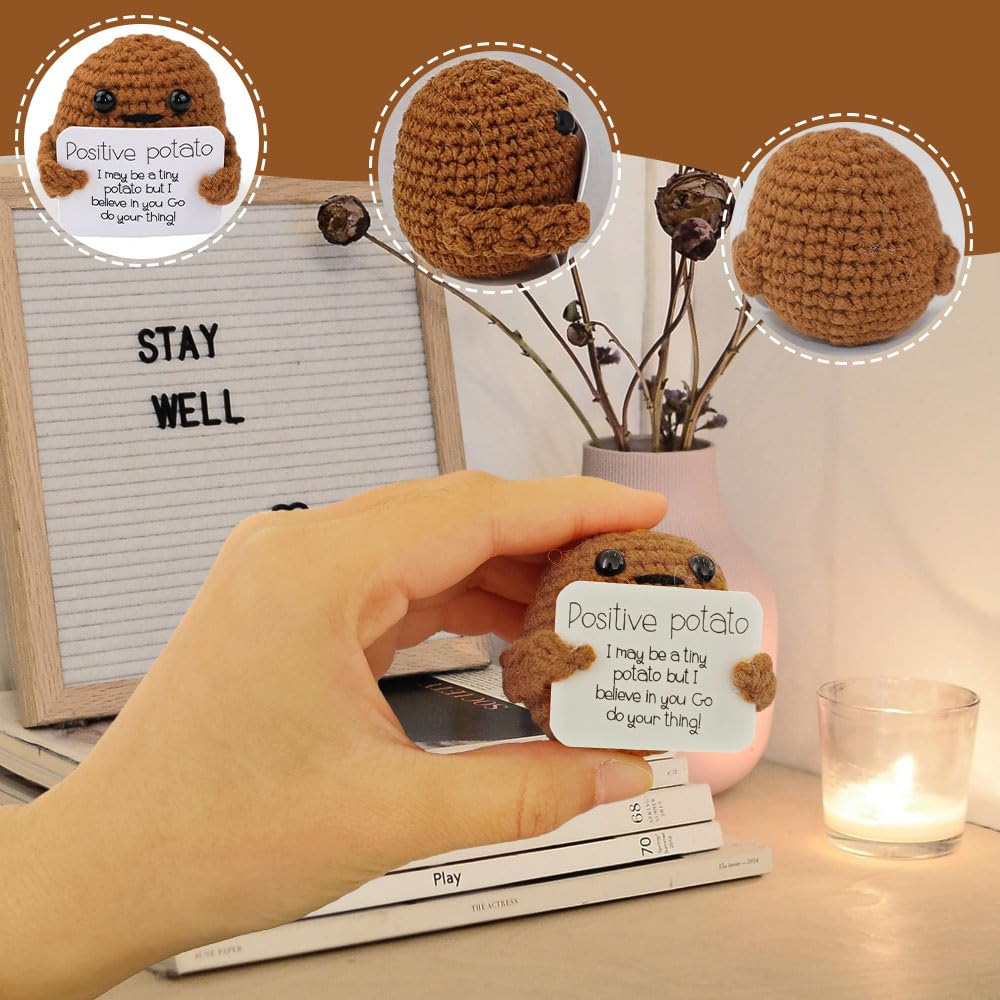 Funny Positive Zonnebloem Potato, Creatief Gebreide Wollen Aardappel Zonnebloem met Positieve Kaarten, Pocket Hug Potato Geschenken voor vrienden, Cadeau voor Vrouw voor Moederdag, Verjaardag