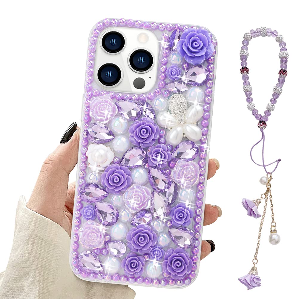 Omorro for iPhone 14 Pro Max Bling Case with Strap, Luxury Glitter Rhinestone Diamond Crystal Sparkle Rose Flower Pearl Floral Bracelets Soft Bumper