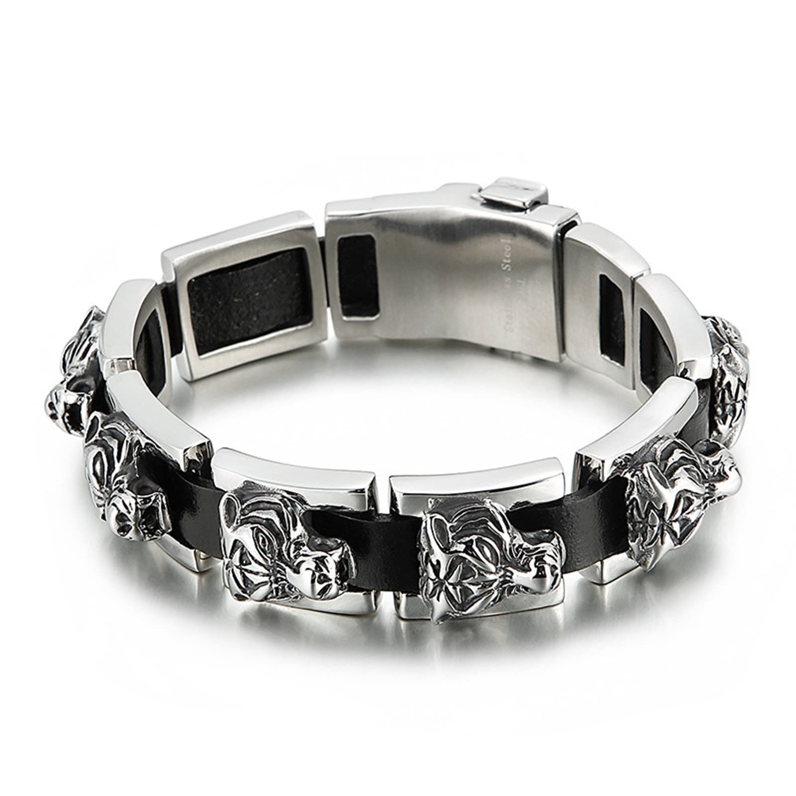 Gualiy Pulsera para hombre de acero inoxidable, pulsera de cuero de 19 mm con tigre de 22,5 cm de longitud, pulsera punk, 22.5, Cuero