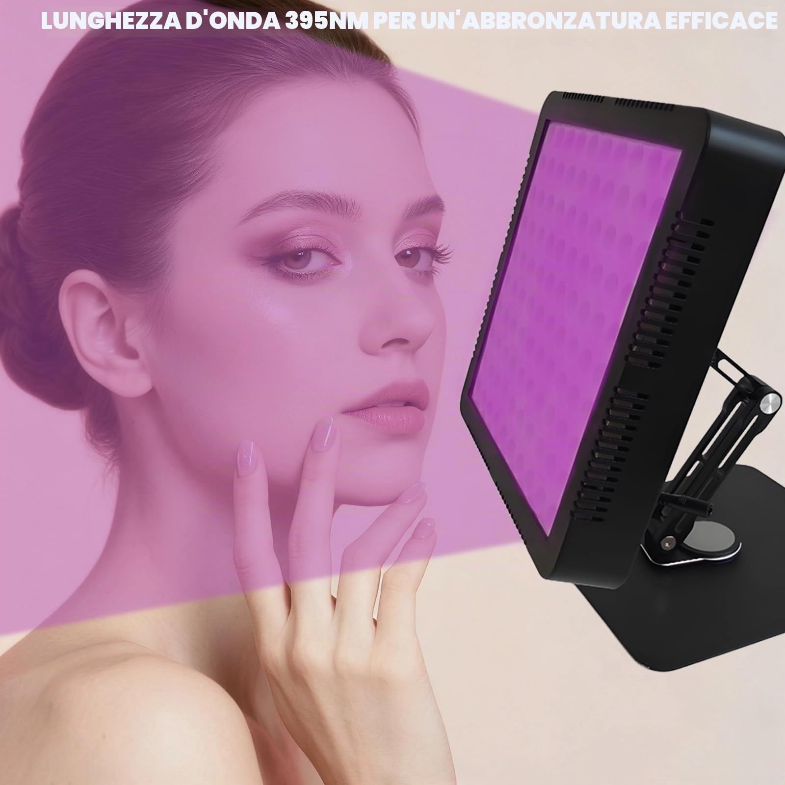 Lampada abbronzante 395 nm lunghezza d'onda con 100 LED viola, solarium facciale per uso domestico e completo, con timer, luminosità regolabile, supporto e occhiali autoabbronzanti