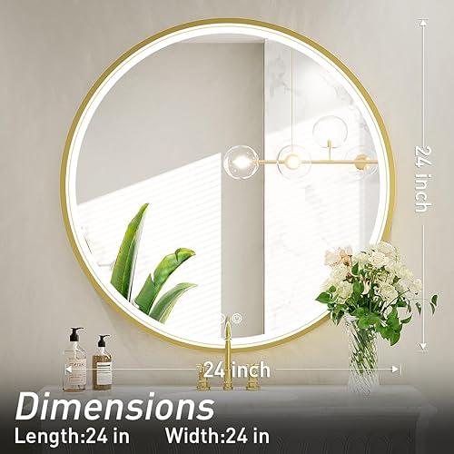 Miniatura 7 de Espejo LED redondo de baño de 24", espejo de tocador anti vaho regulable con control táctil, luz natural de 6000K, marco de metal dorado, montado en
