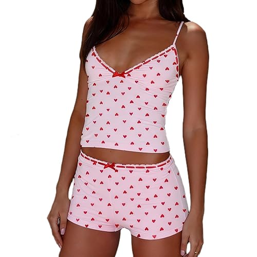 XBTCLXEBCO Sexy Pajama Sets for Women Fitted V Neck Cami Tank Top and Shorts Set Bow Front 2 Piece Sleeveless Pjs Sleepwear - Small - Pink Heart