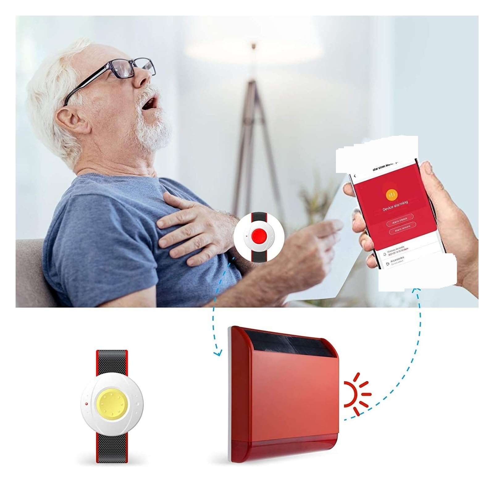 Sistema de alarma, De Alarma Al Aire Libre La Seguridad Del Antirrobo Sirena Flash Con Cámara 1080P Botón SOS For Los Ancianos/paciente(Set 2)
