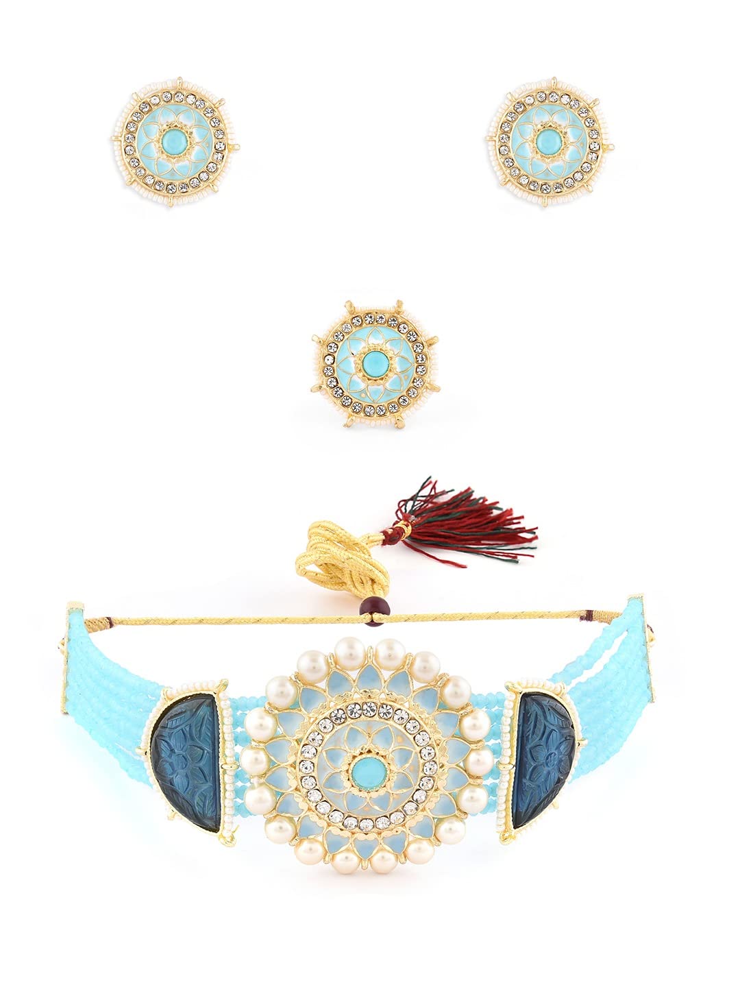 ZAVERI PEARLS Blue Meenakari Multistrand Crystals Beaded Kundan Choker Necklace Earring & Ring Set For Women-ZPFK14754 (B0BDG7PSPH) Amazon Price History, Amazon Price Tracker