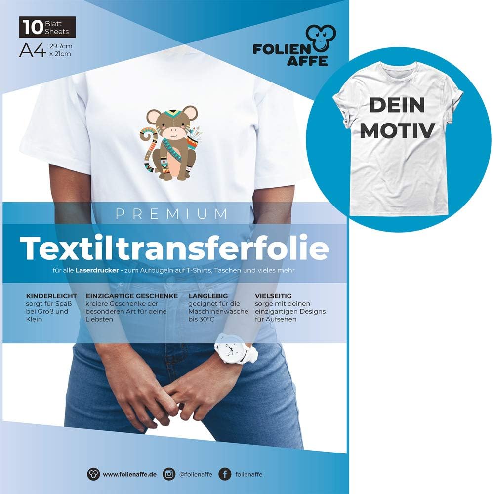 10 sheets premium A4 t-shirt transfer paper for LIGHT cotton textiles / fabrics – incl. 50+ free motif templates – transfer paper suitable for all LASER printers