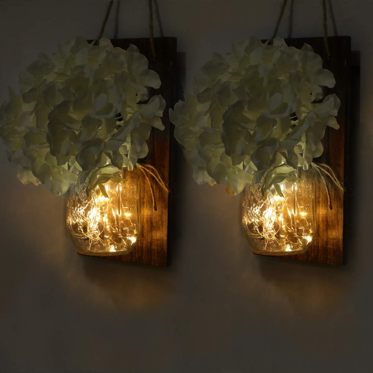 VIEFIN Farmhouse Mason Jar Sconces Wall Decor,Rustic Wall Sconces Home Decor with Remote Control, Silk Hydrangea,Dark Brown Wood Board and LED Strip with 20 Fairy Lights(2 Pack, White)